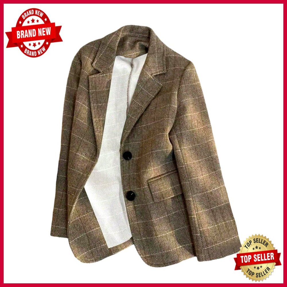 Women's Plaid Blazer Jacket Double-Breasted Lapel Coat Office Casual Outwear